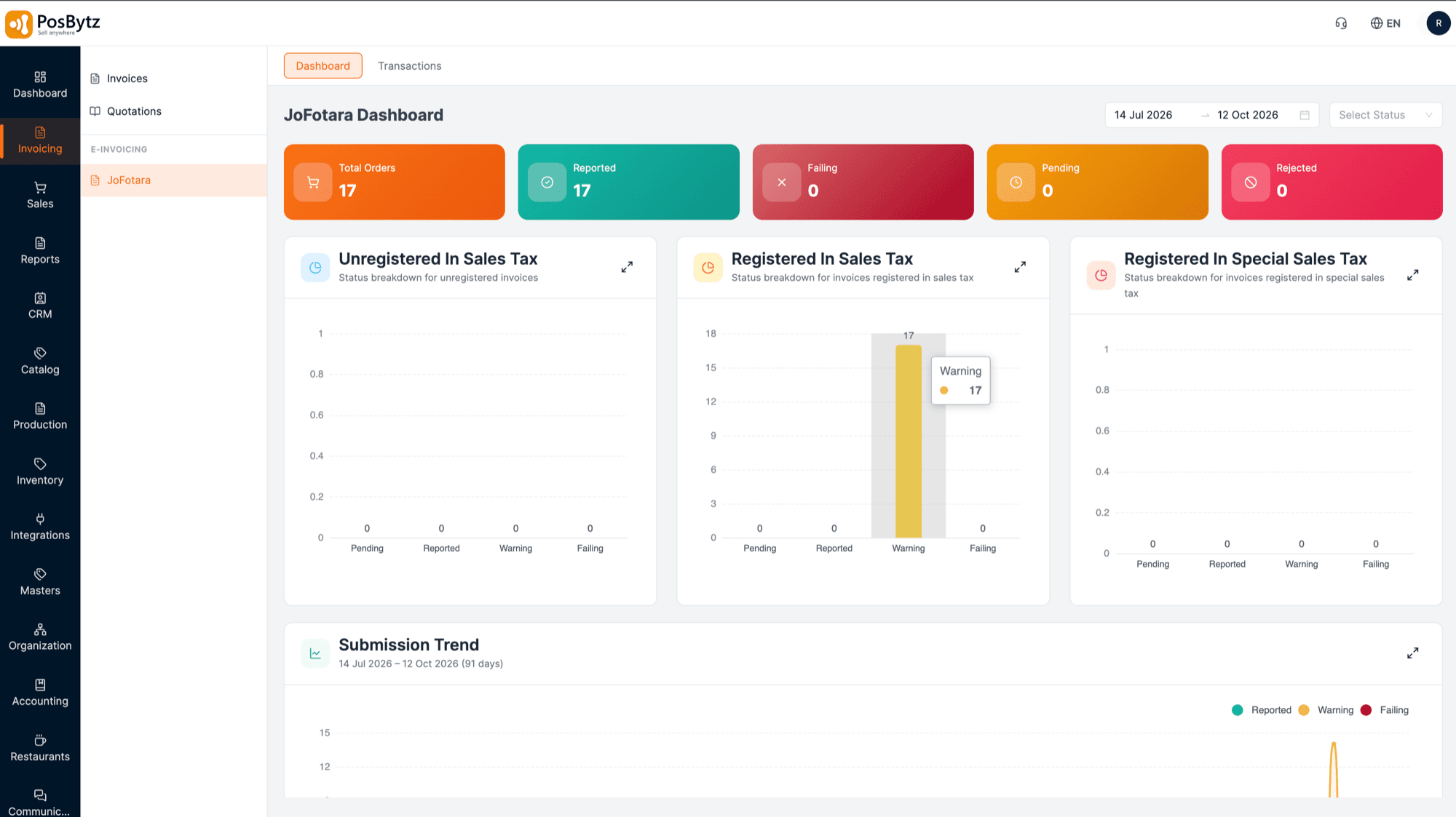 JoFotara dashboard in PosBytz