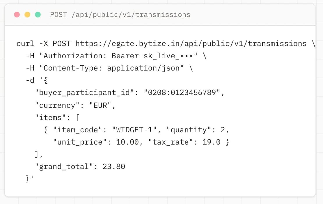 e-Gate API request that sends a Peppol e-invoice as JSON