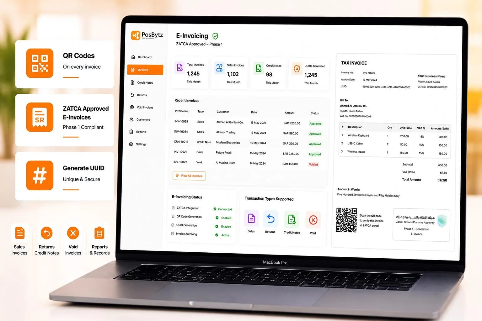 ZATCA Phase 1 e-invoicing with QR code generation, UUID creation, and compliant digital invoice billing